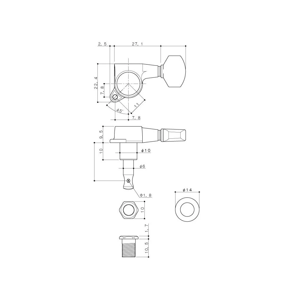 6 In Line Locking Contemporary Diecast Series Tuning Machines 19:1 Gear Ratio - Image 8